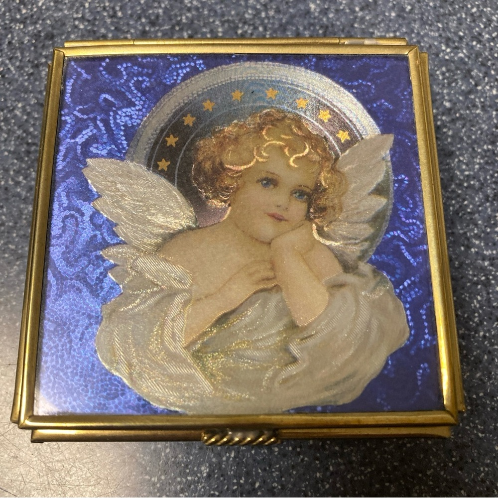 Vtg Stained Glass Angel Jewelry Box Hinged 3 1/8" Handcrafted Cobalt Blue Mexico